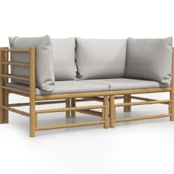 Canapes d'angle de jardin avec coussins gris clair 2 pcs bambou