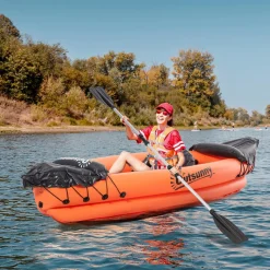 Canoé kayak gonflable 1 personne - gonfleur et rame en aluminium inclus - PVC orange noir
