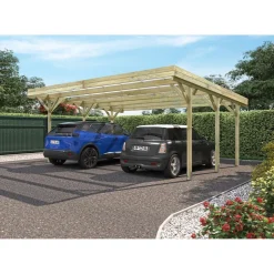 Carport adossé toit plat - Bois traité autoclave - 2 voitures - 30,9m² - JEAN