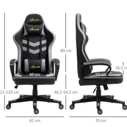 Chaise de bureau gaming réglable - coussin lombaires et tétière inclus - fonction bascule verrouillable - noir gris