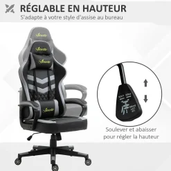 Chaise de bureau gaming réglable - coussin lombaires et tétière inclus - fonction bascule verrouillable - noir gris