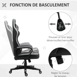 Chaise de bureau gaming réglable - coussin lombaires et tétière inclus - fonction bascule verrouillable - noir gris