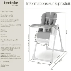 Chaise haute SOPHIA pliable réglable en hauteur avec harnais à 5 points