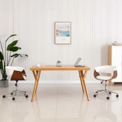 Chaise pivotante de bureau Blanc Bois courbe et similicuir