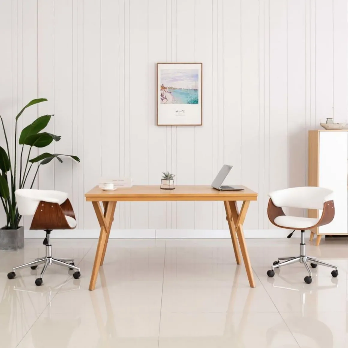 Chaise pivotante de bureau Blanc Bois courbe et similicuir