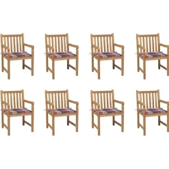 Chaises de jardin lot de 8 et coussins carreaux rouge Bois teck