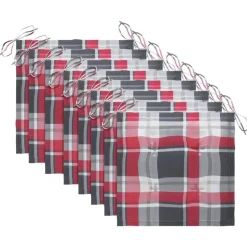 Chaises de jardin lot de 8 et coussins carreaux rouge Bois teck