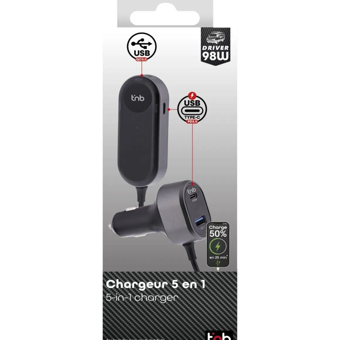 Chargeur allume-cigare 2xUSB et 3xUSB-C 98W noir