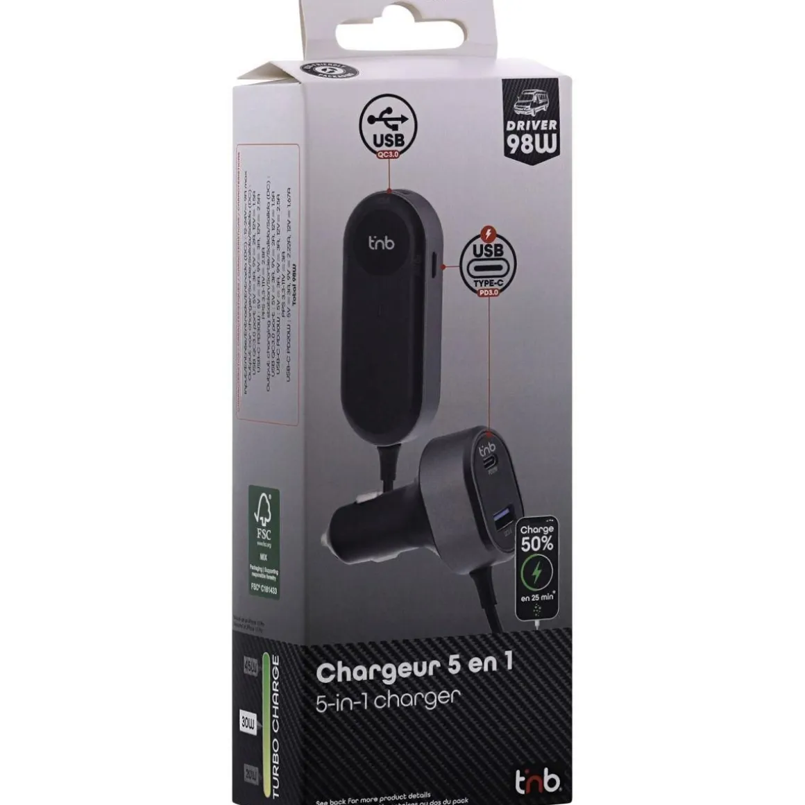 Chargeur allume-cigare 2xUSB et 3xUSB-C 98W noir