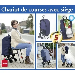 Chariot de courses avec siège - Sac isotherme 35 L - Bleu foncé