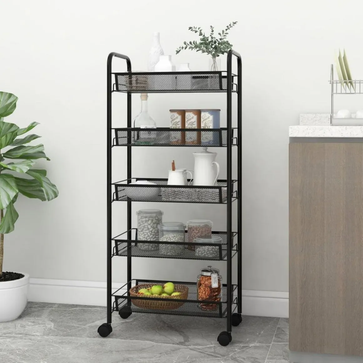 Chariot de cuisine a 5 niveaux Noir 46x26x105 cm Fer