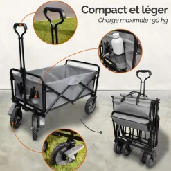 Chariot de transport, remorque de jardin pliable à roulettes - 90 Kg