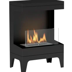 Cheminée bioéthanol sur pied - 0,9L - 38 x 22 x 54 cm - acier inox. noir verre trempé