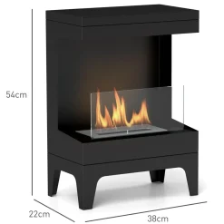 Cheminée bioéthanol sur pied - 0,9L - 38 x 22 x 54 cm - acier inox. noir verre trempé