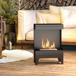 Cheminée bioéthanol sur pied - 0,9L - 38 x 22 x 54 cm - acier inox. noir verre trempé