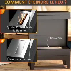 Cheminée bioéthanol sur pied - 0,9L - 38 x 22 x 54 cm - acier inox. noir verre trempé