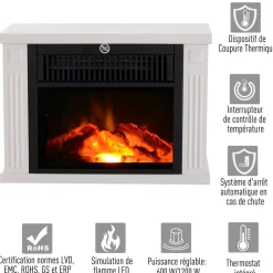 Cheminée électrique poêle style contemporain thermostat 600-1200 W blanc