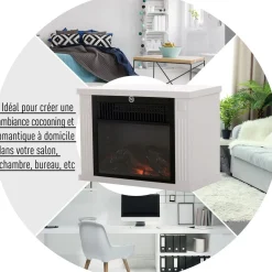 Cheminée électrique poêle style contemporain thermostat 600-1200 W blanc