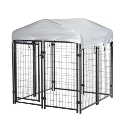 Chenil cage enclos chien entièrement couvert - porte verrouillable - 120 x 120 x 138cm - gris métal noir