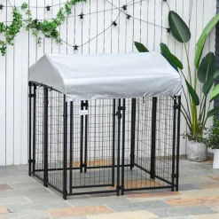 Chenil cage enclos chien entièrement couvert - porte verrouillable - 120 x 120 x 138cm - gris métal noir