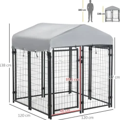 Chenil cage enclos chien entièrement couvert - porte verrouillable - 120 x 120 x 138cm - gris métal noir