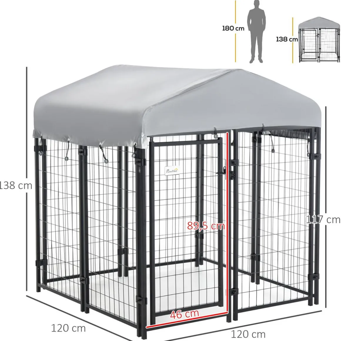 Chenil cage enclos chien entièrement couvert - porte verrouillable - 120 x 120 x 138cm - gris métal noir