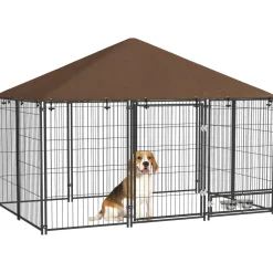 Chenil extérieur couvert pour chien 2 supports gamelles rotatifs porte verouillable acier noir