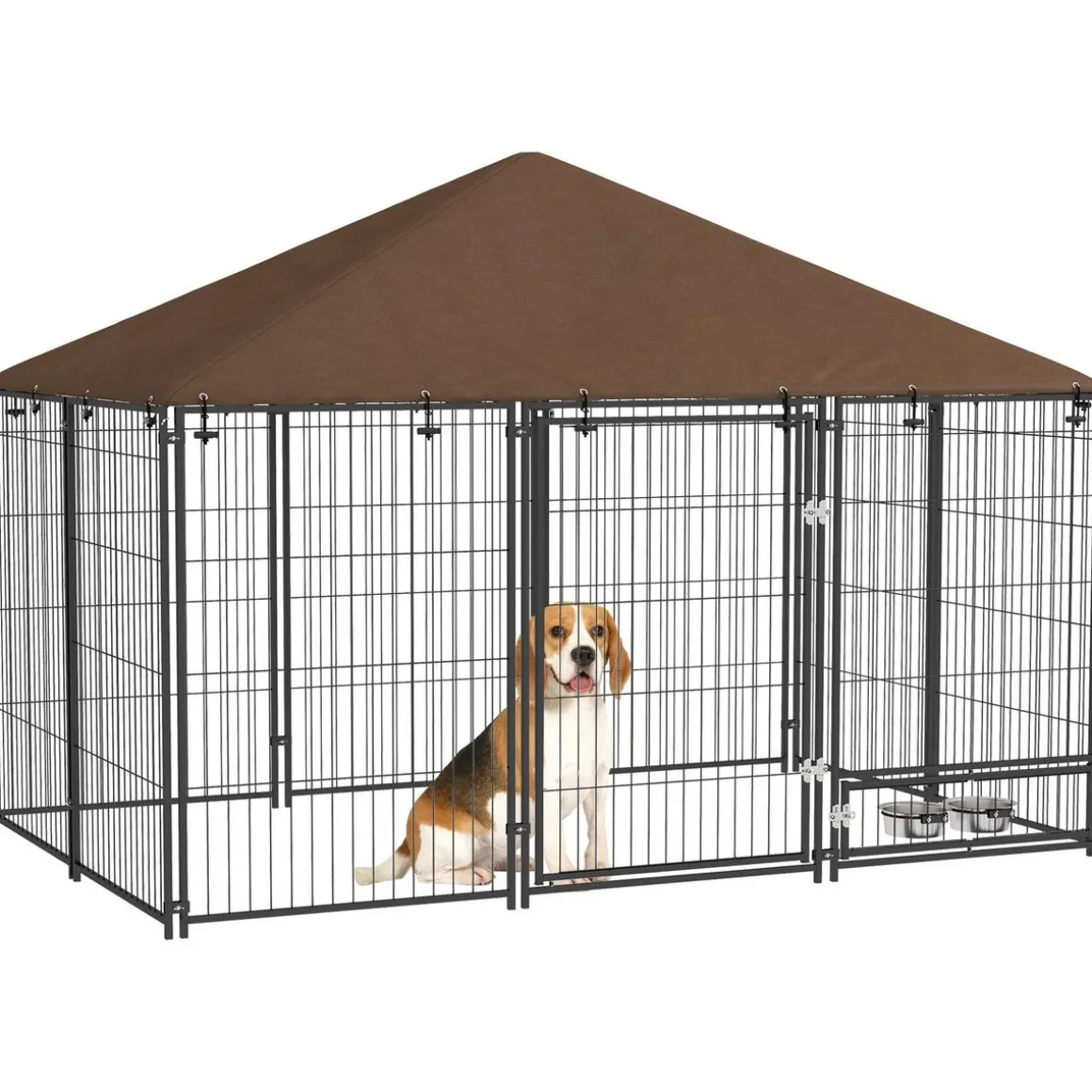 Chenil extérieur couvert pour chien 2 supports gamelles rotatifs porte verouillable acier noir