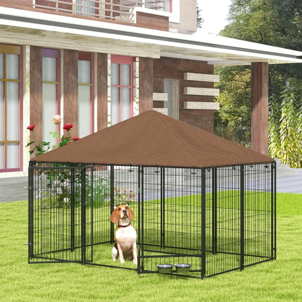 Chenil extérieur couvert pour chien 2 supports gamelles rotatifs porte verouillable acier noir