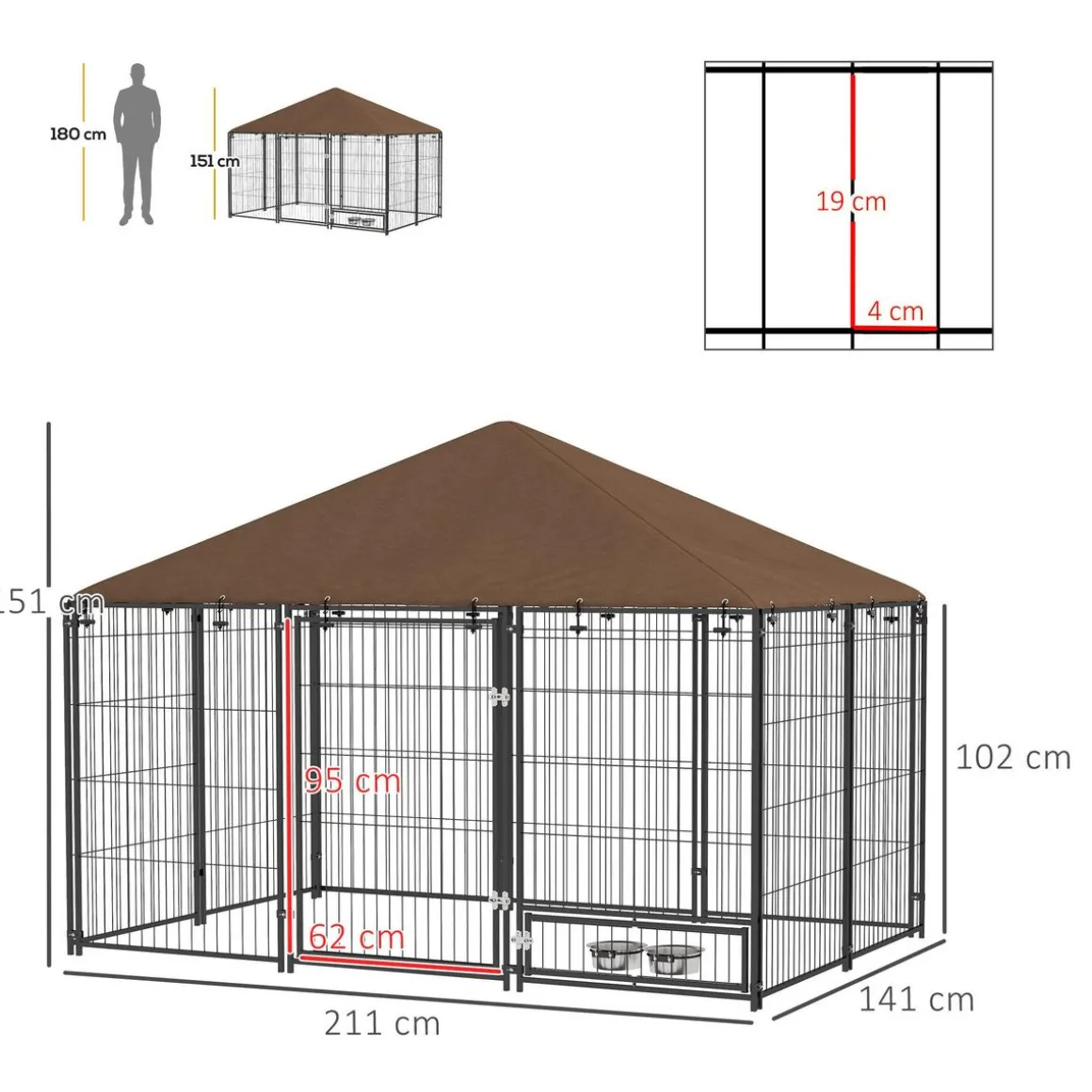 Chenil extérieur couvert pour chien 2 supports gamelles rotatifs porte verouillable acier noir