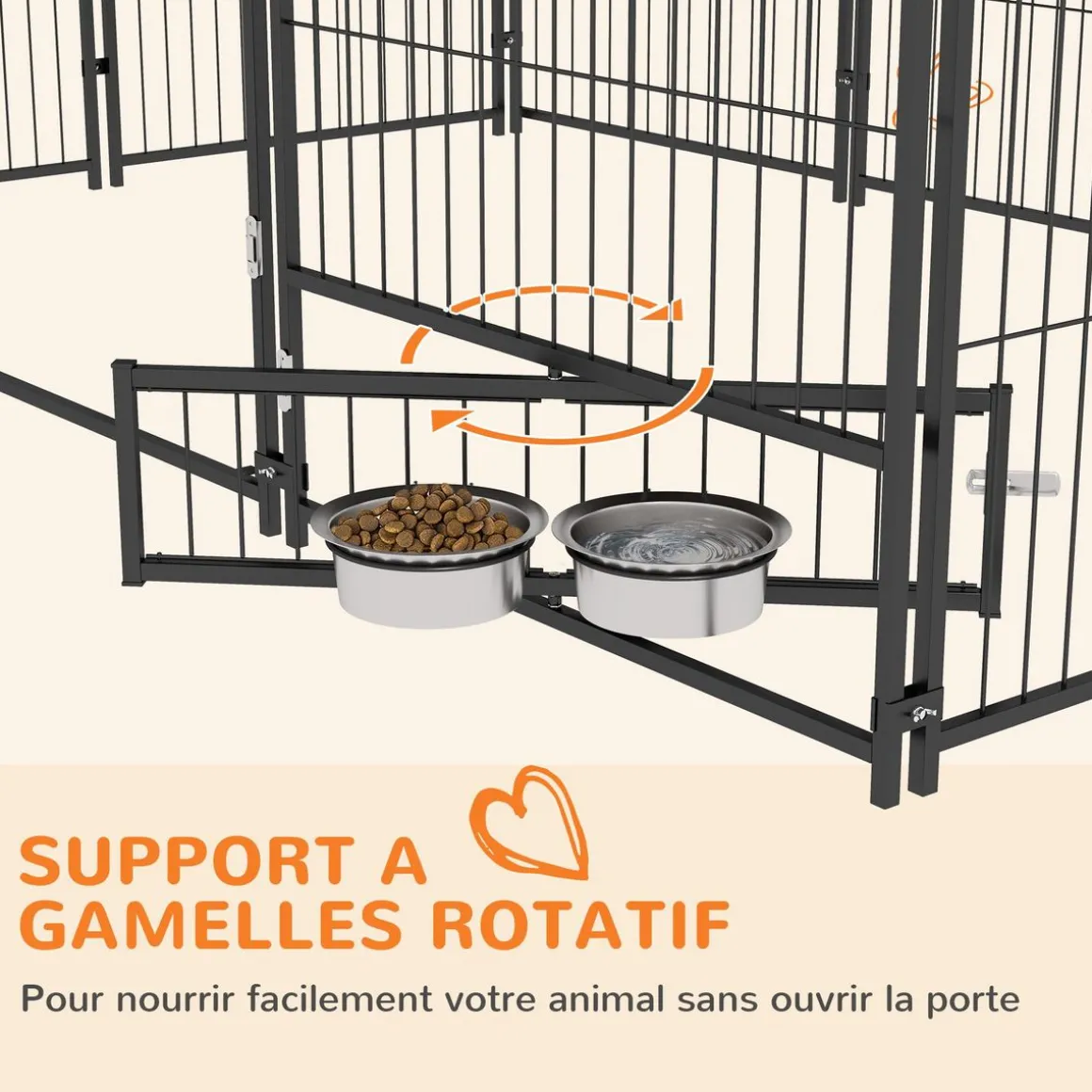 Chenil extérieur couvert pour chien 2 supports gamelles rotatifs porte verouillable acier noir