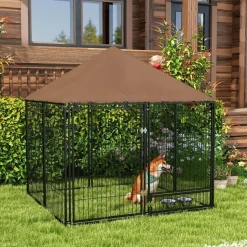 Chenil extérieur pour chiens en métal et tissu oxford avec support gamelle et toit résistant aux intempéries espace spacieux 141L x 141l x 151H cm noir