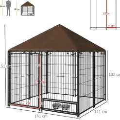 Chenil extérieur pour chiens en métal et tissu oxford avec support gamelle et toit résistant aux intempéries espace spacieux 141L x 141l x 151H cm noir