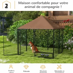 Chenil extérieur pour chiens en métal et tissu oxford avec support gamelle et toit résistant aux intempéries espace spacieux 141L x 141l x 151H cm noir