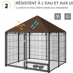 Chenil extérieur pour chiens en métal et tissu oxford avec support gamelle et toit résistant aux intempéries espace spacieux 141L x 141l x 151H cm noir
