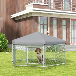 Chenil pour chien entièrement couvert - enclos chien - dim. 210L x 185l x 120H cm - porte verrouillable - acier galvanisé gris