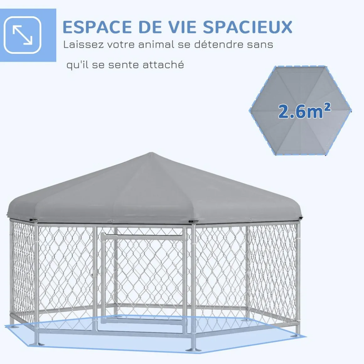 Chenil pour chien entièrement couvert - enclos chien - dim. 210L x 185l x 120H cm - porte verrouillable - acier galvanisé gris