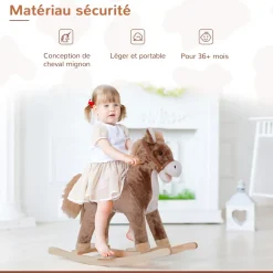 Cheval à bascule cheval de cowboy selle grand confort peluche courte douce bois peuplier marron