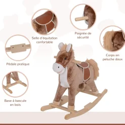 Cheval à bascule cheval de cowboy selle grand confort peluche courte douce bois peuplier marron