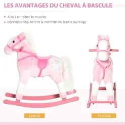 Cheval à bascule cheval de cowboy effet sonore selle rênes rose blanc