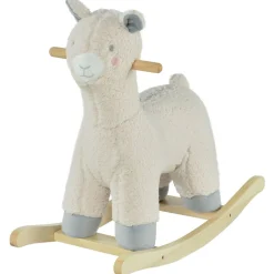 Cheval à bascule modèle lama fonction vocale bois peuplier peluche douce crème