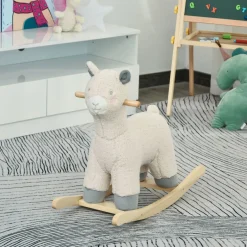 Cheval à bascule modèle lama fonction vocale bois peuplier peluche douce crème