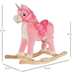 Cheval à bascule modèle licorne avec sons authentiques selle grand confort bois de peuplier rose dim. L74 x l33 x 62H cm