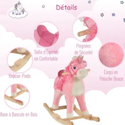 Cheval à bascule modèle licorne avec sons authentiques selle grand confort bois de peuplier rose dim. L74 x l33 x 62H cm