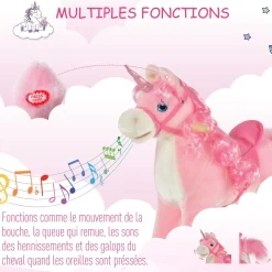 Cheval à bascule modèle licorne avec sons authentiques selle grand confort bois de peuplier rose dim. L74 x l33 x 62H cm