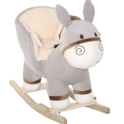 Cheval à bascule modèle âne fonction musicale selle grand confort peluche courte douce bois peuplier gris dim. 61L x 34l x 58H cm