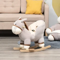 Cheval à bascule modèle âne fonction musicale selle grand confort peluche courte douce bois peuplier gris dim. 61L x 34l x 58H cm