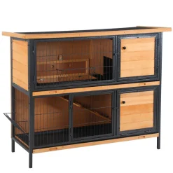 Clapier à lapin 2 niveaux cloisonnables - niche, rampe, plateaux, rateliers, portes - métal époxy bois pré-huilé