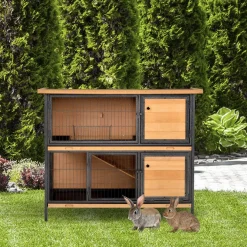 Clapier à lapin 2 niveaux cloisonnables - niche, rampe, plateaux, rateliers, portes - métal époxy bois pré-huilé