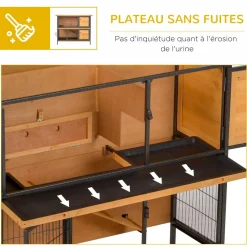 Clapier à lapin 2 niveaux cloisonnables - niche, rampe, plateaux, rateliers, portes - métal époxy bois pré-huilé